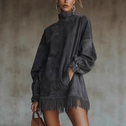 🍂 Vintage Suede Style | Turtleneck Tassel-Hem Pocket Dress