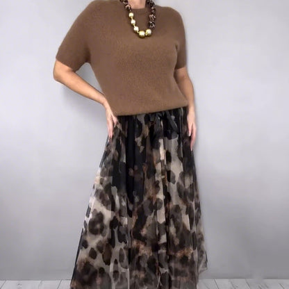 ✨ Effortless Elegance | Women's Knit Top & Leopard Flowy Skirt 2-Piece Set