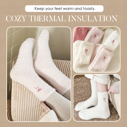 3 Pairs Women's Plush Mink Socks with Bow Embroidery