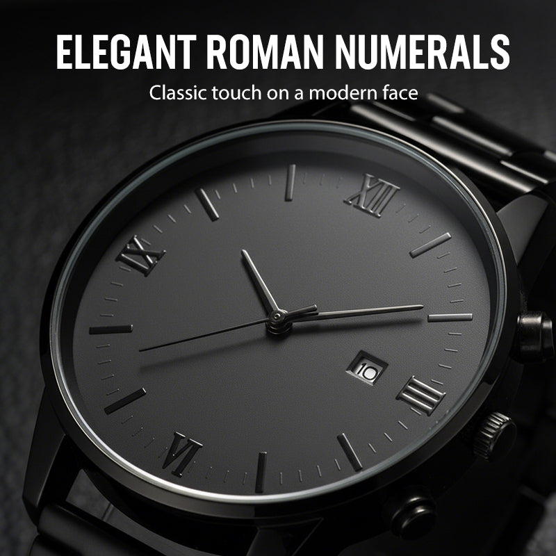 🎉💰 50% off ⚡ Men's Minimalist Quartz Watch with Date – All-Black Stainless Steel, Roman Dial & Precision Timekeeping! ⌚🖤