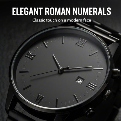 🎉💰 50% off ⚡ Men's Minimalist Quartz Watch with Date – All-Black Stainless Steel, Roman Dial & Precision Timekeeping! ⌚🖤