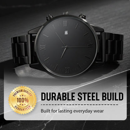 🎉💰 50% off ⚡ Men's Minimalist Quartz Watch with Date – All-Black Stainless Steel, Roman Dial & Precision Timekeeping! ⌚🖤