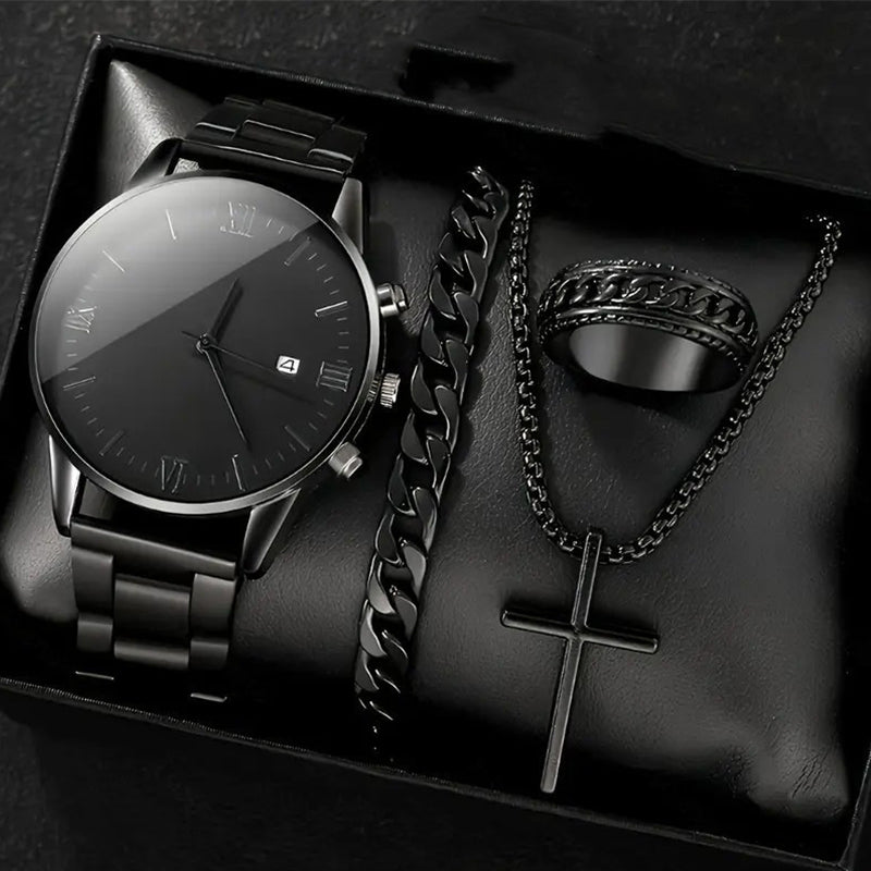 🎉💰 50% off ⚡ Men's Minimalist Quartz Watch with Date – All-Black Stainless Steel, Roman Dial & Precision Timekeeping! ⌚🖤