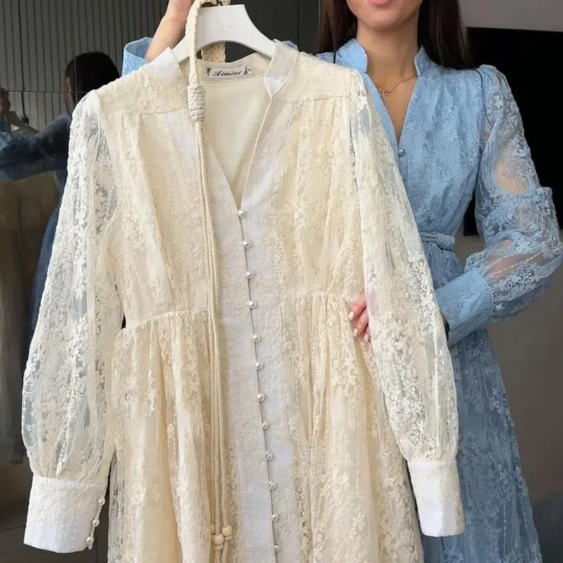 👗50% OFF NOW! ✨ Vintage Embroidered Lantern Sleeve Dress – Delicate Embroidery, Romantic Puff Sleeves & Flowy Fit 🌸