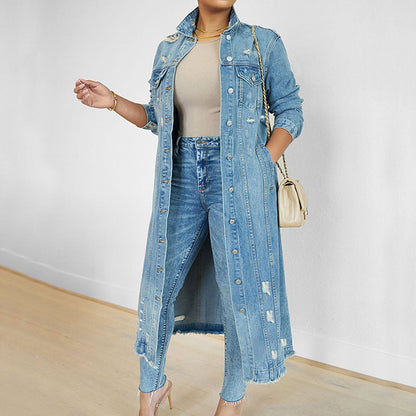 Women's Ripped Holes Long Denim Jacket