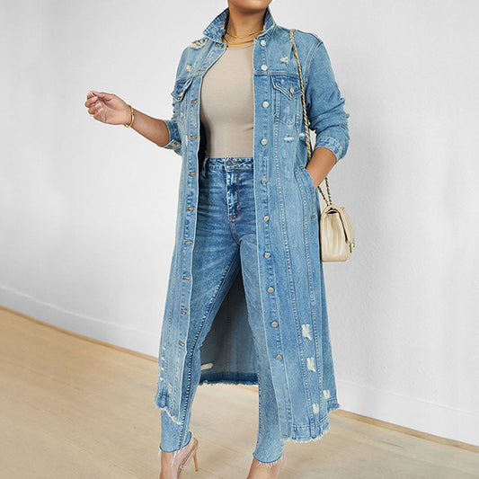 Women's Ripped Holes Long Denim Jacket