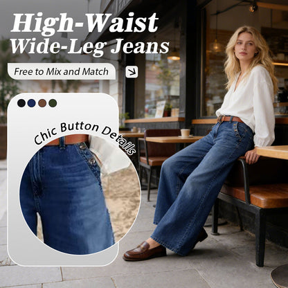 💎 50% OFF! 💎 High-Waist Wide-Leg Jeans with Button Detail – Vintage Flair, Premium Washed Denim & Flattering Silhouette 👖✨