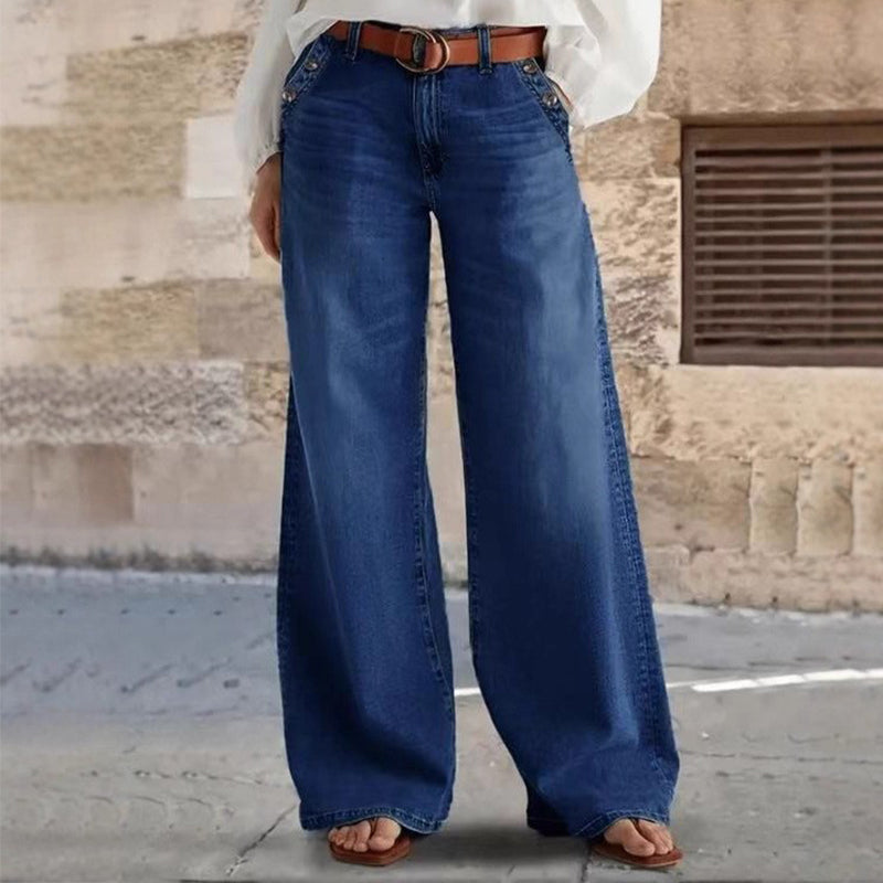 💎 50% OFF! 💎 High-Waist Wide-Leg Jeans with Button Detail – Vintage Flair, Premium Washed Denim & Flattering Silhouette 👖✨