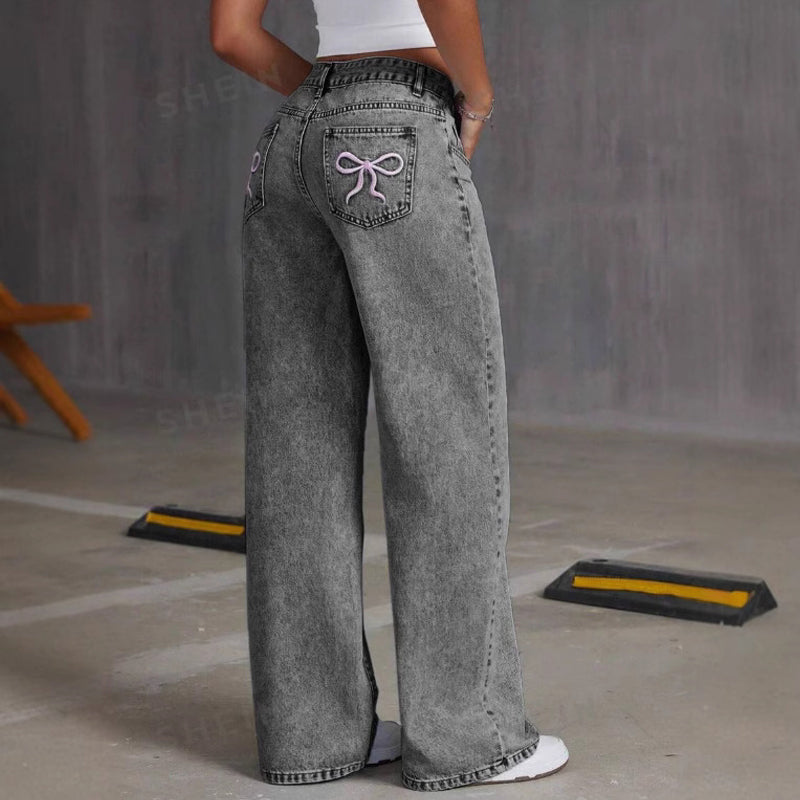 High-elasticity plus-size embroidered bow jeans👖