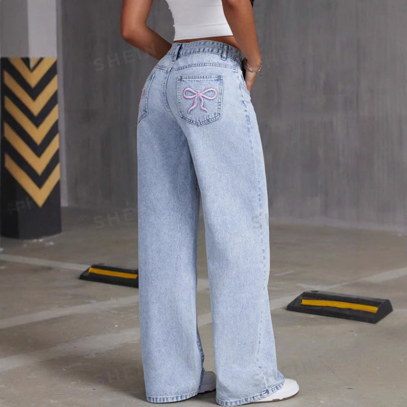 High-elasticity plus-size embroidered bow jeans👖