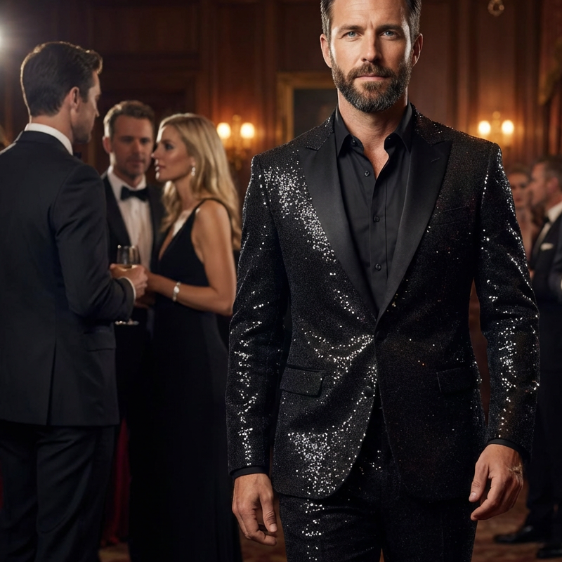 🔈🔈2026 EW ARRIVALS - 50% OFF !!!🧥👖Men's Black Sparkle Tuxedo Suit Set