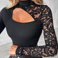 ✨2026 New Arrival 50%OFF✨Women's Asymmetrical Cutout Lace Sleeve Top – Slim Fit, Mock Neck & Romantic Keyhole Back Detail 👗🖤