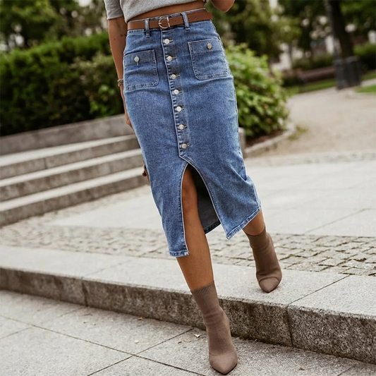High-Waist Button-Front Denim Skirt