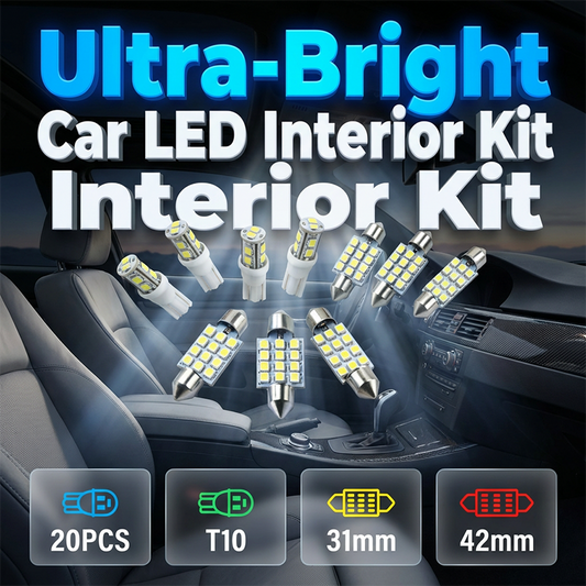 🚗20-Piece LED Car Lighting Kit: Includes roof lights, T10 parking lights, dual-tip reading lights, license plate lights, and interior lights