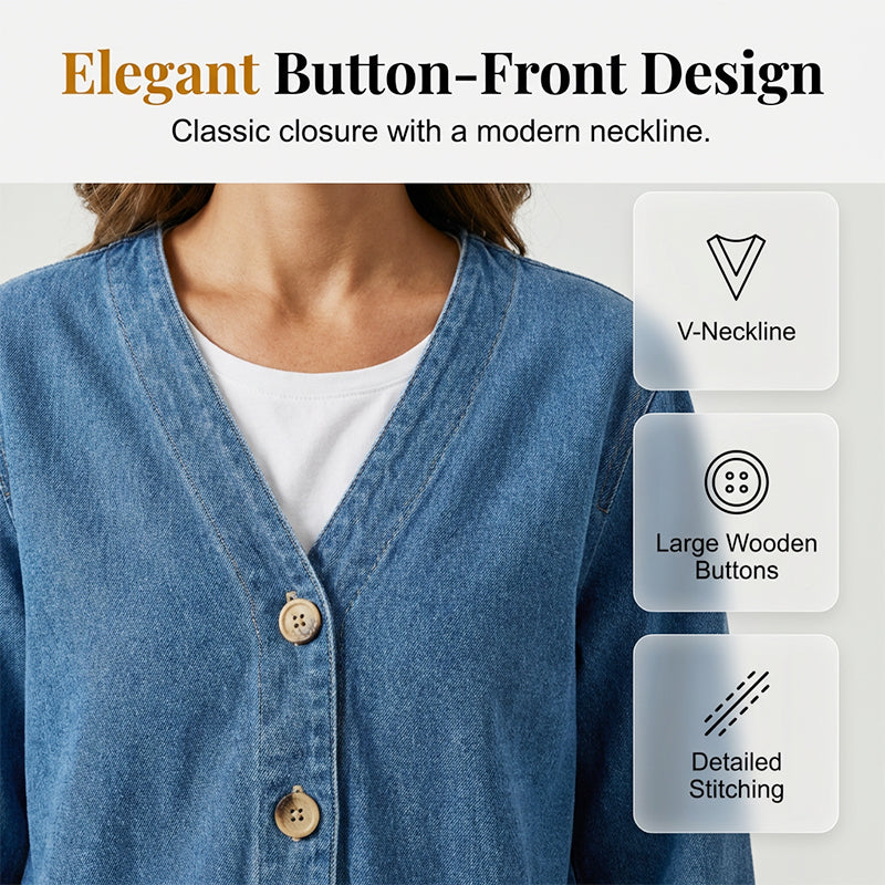 📢📢50% OFF !! ⏰  Women's Classic Button Front Denim Jacket – V-Neck, Breathable Fabric & Relaxed Fit 💙