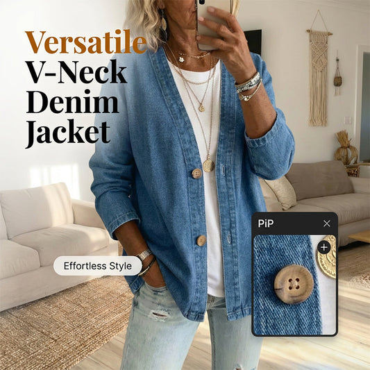📢📢50% OFF !! ⏰  Women's Classic Button Front Denim Jacket – V-Neck, Breathable Fabric & Relaxed Fit 💙