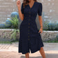 Women's Button-Up V-Neck Short Sleeve Midi Dress