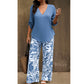 🌿 One Set, Instant Style | Women's V-Neck Top & Printed Wide-Leg Pants Set