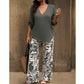 🌿 One Set, Instant Style | Women's V-Neck Top & Printed Wide-Leg Pants Set