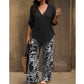🌿 One Set, Instant Style | Women's V-Neck Top & Printed Wide-Leg Pants Set