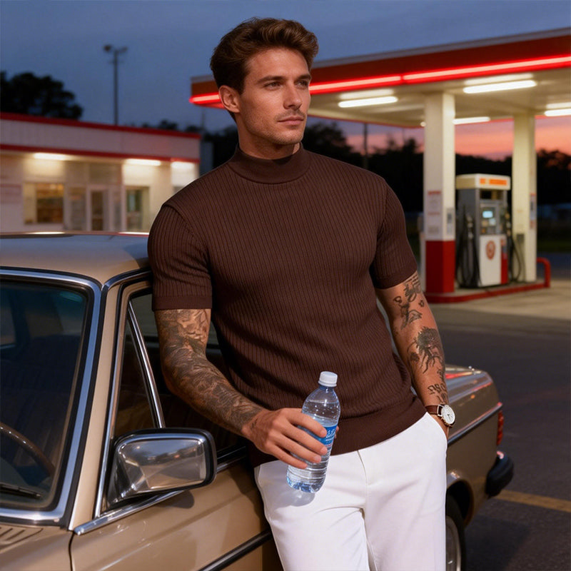👕 LIMITED-TIME 50% OFF! ✨ Men's Slim Mock Neck T-Shirt – Ribbed, Short Sleeve, 6 Colors 🍁