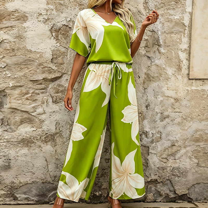 🎨Women's Floral Print Top & Wide-Leg Pants Set 🌸Summer Elegance Made Easy