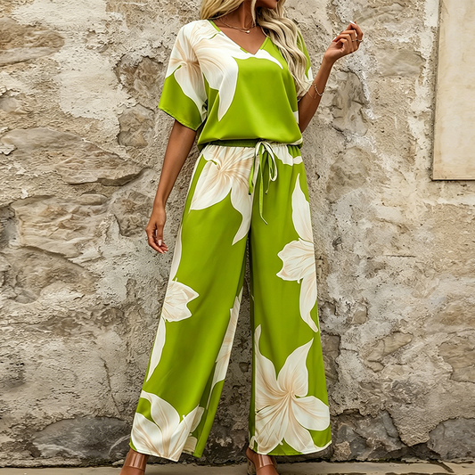 🎨Women's Floral Print Top & Wide-Leg Pants Set 🌸Summer Elegance Made Easy