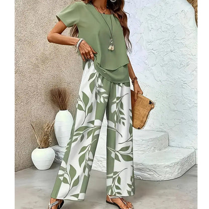 ⏳Time-Limited Special 50% OFF⏰Women's Two-Piece Leaf Print Wide-Leg Pants Set