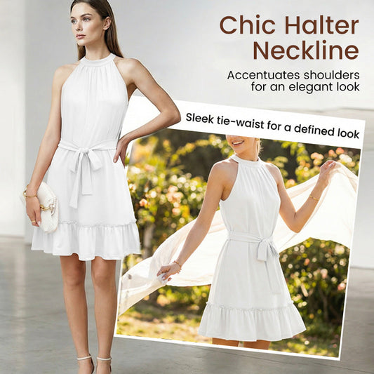 ⏰🔥50% OFF – Sleeveless Halter Neck Ruffle Hem Dress – Elegant, Flowy & Perfect for Summer 🌸☀️