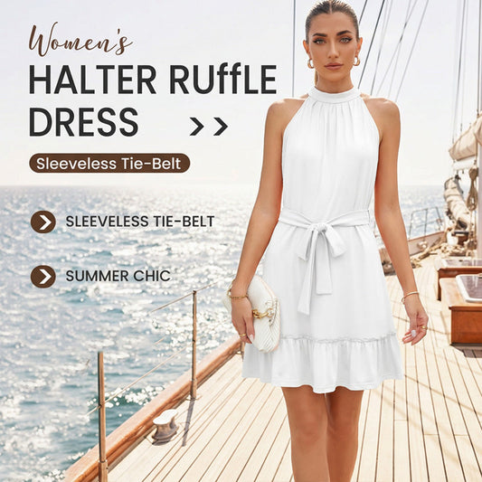 ⏰🔥50% OFF – Sleeveless Halter Neck Ruffle Hem Dress – Elegant, Flowy & Perfect for Summer 🌸☀️