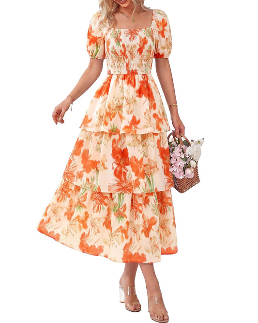 🔥Summer Hot Sale 50% OFF💃Women's Floral Square Neck Puff Short Sleeve Smocked Tiered Dress