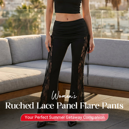 👖 50% OFF NOW!🌸 Women's Ruched Lace Panel Flare Pants – Elegant & Slimming – Stretchy Wide Leg Trousers 💃
