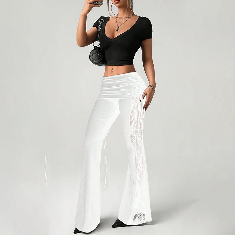👖 50% OFF NOW!🌸 Women's Ruched Lace Panel Flare Pants – Elegant & Slimming – Stretchy Wide Leg Trousers 💃