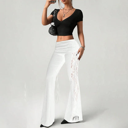 👖 50% OFF NOW!🌸 Women's Ruched Lace Panel Flare Pants – Elegant & Slimming – Stretchy Wide Leg Trousers 💃