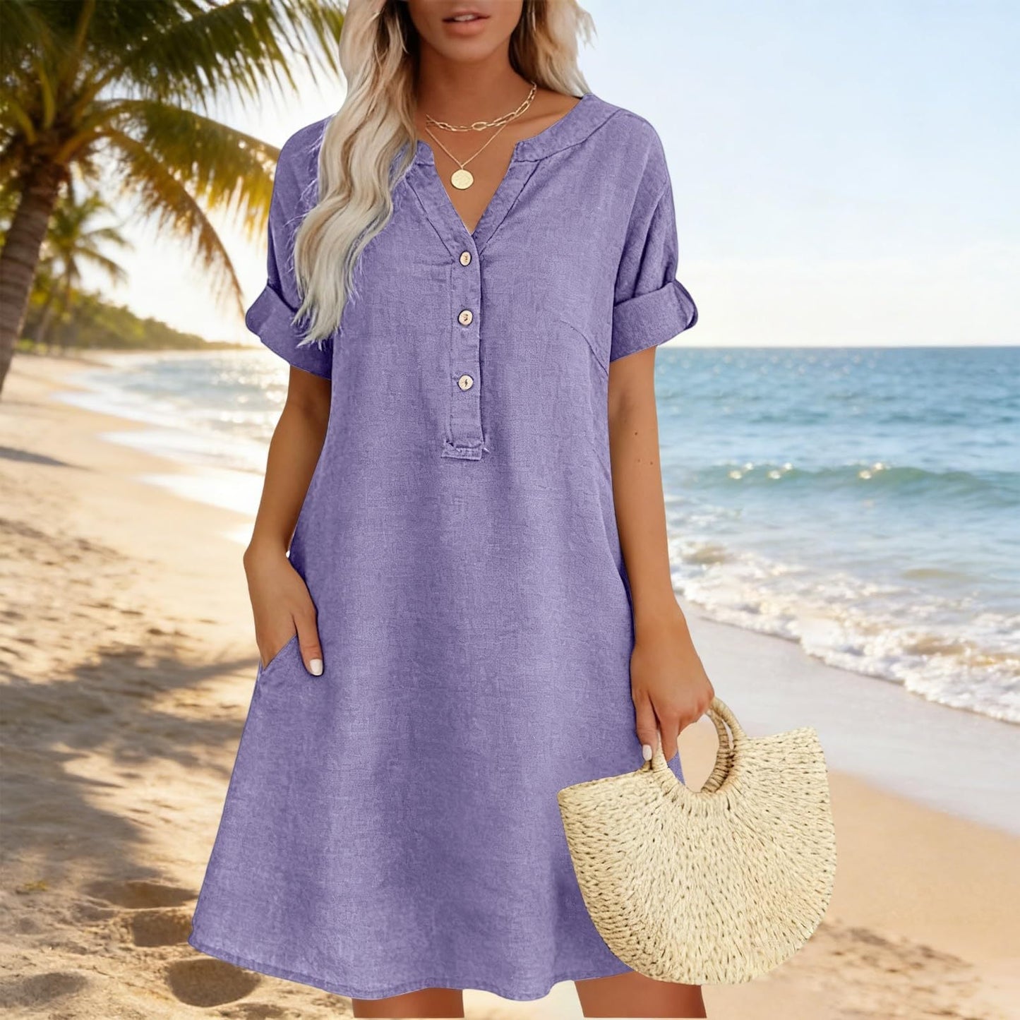 🏖️ LIMITED-TIME 50% OFF! 👗Women's V-Neck Tunic Dress – Relaxed Fit, Pockets & Breathable