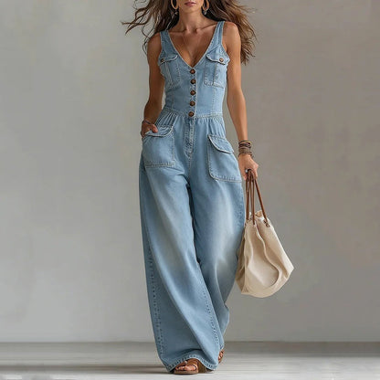 👖 LIMITED-TIME 50% OFF! 💥Women's Denim Jumpsuit – Sleeveless, V-Neck, Wide-Leg 💫