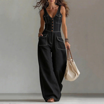 👖 LIMITED-TIME 50% OFF! 💥Women's Denim Jumpsuit – Sleeveless, V-Neck, Wide-Leg 💫