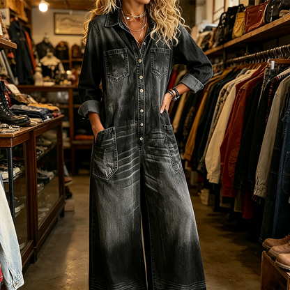 ✨Women's Casual Long Sleeve Denim Jumpsuit – Vintage Utility Style With Relaxed Comfort 👖