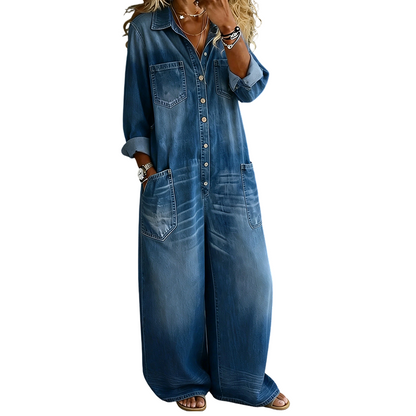 ✨Women's Casual Long Sleeve Denim Jumpsuit – Vintage Utility Style With Relaxed Comfort 👖