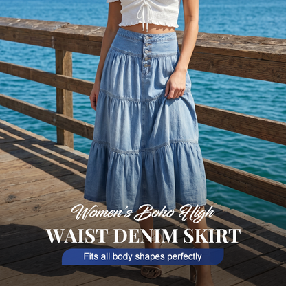 👗 Tiered Denim, Flattering A-Line Shape | Women's High-Waist Button Maxi Skirt