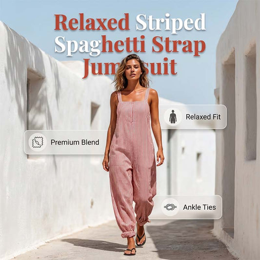 👒 LIMITED-TIME 50% OFF! ✨ Women's Striped Spaghetti Strap Jumpsuit – Relaxed, Breezy, Cotton 🌤️