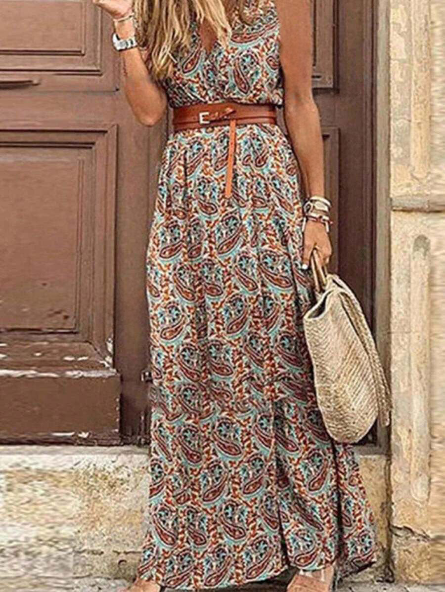 🏆LAST DAY SALE 50% OFF🔥Holiday Leisure Paisley Print Sleeveless Dress