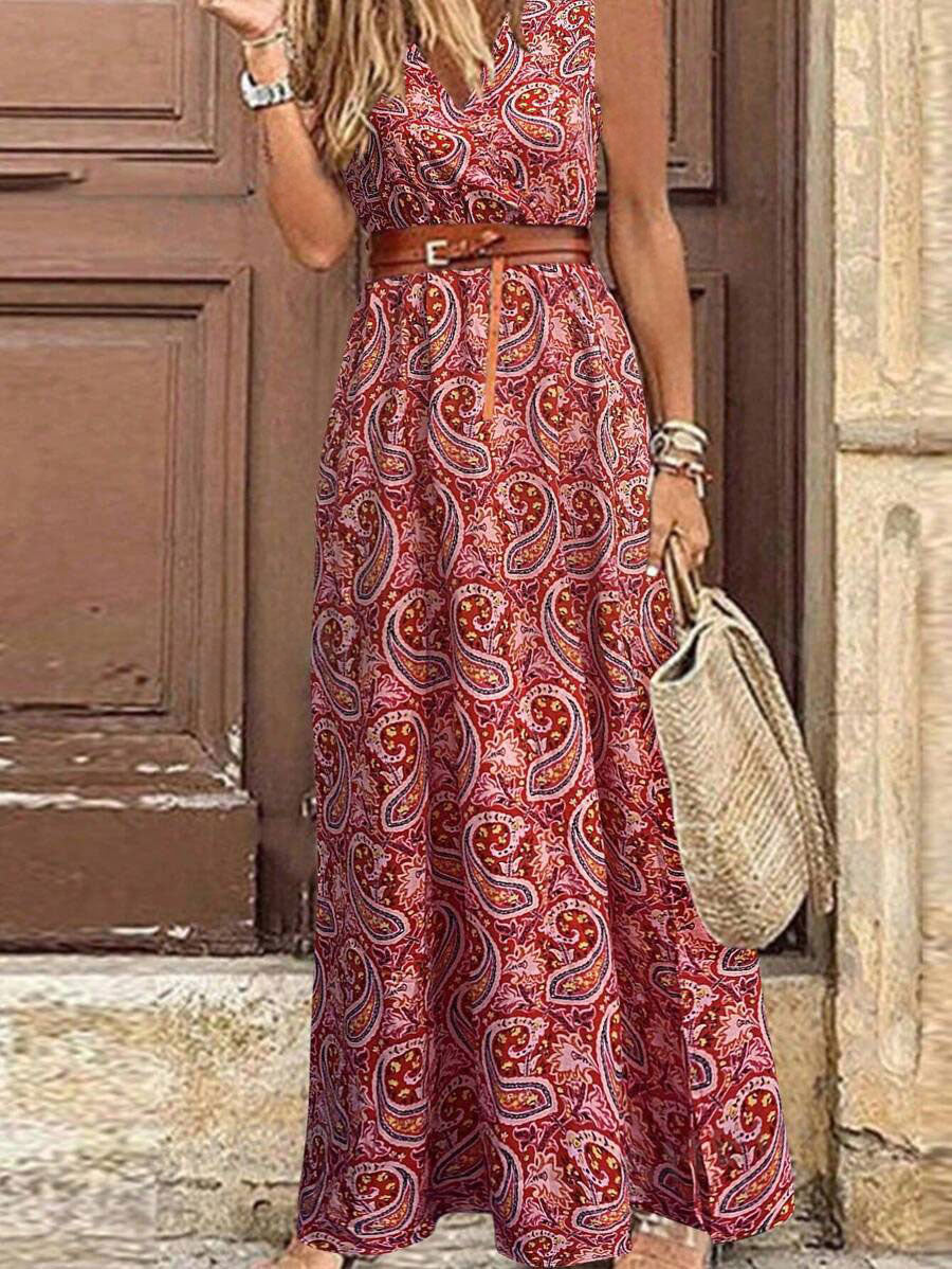 🏆LAST DAY SALE 50% OFF🔥Holiday Leisure Paisley Print Sleeveless Dress