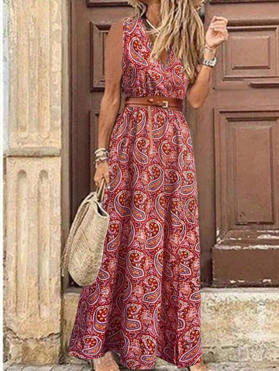 🏆LAST DAY SALE 50% OFF🔥Holiday Leisure Paisley Print Sleeveless Dress