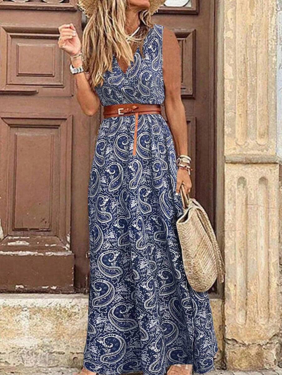 🏆LAST DAY SALE 50% OFF🔥Holiday Leisure Paisley Print Sleeveless Dress