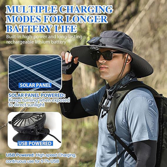Wide-Brim Sun Hat with Solar-Powered Rechargeable Fan & Detachable Face Shield
