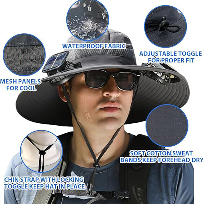 Wide-Brim Sun Hat with Solar-Powered Rechargeable Fan & Detachable Face Shield