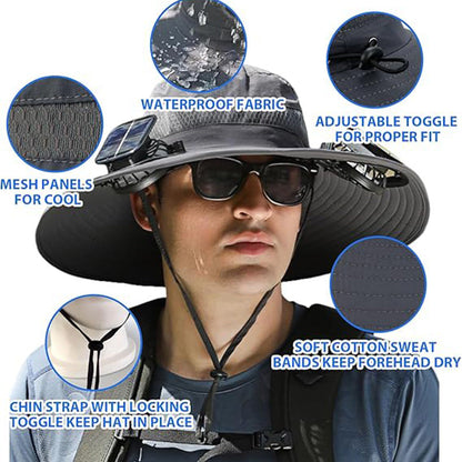 Wide-Brim Sun Hat with Solar-Powered Rechargeable Fan & Detachable Face Shield