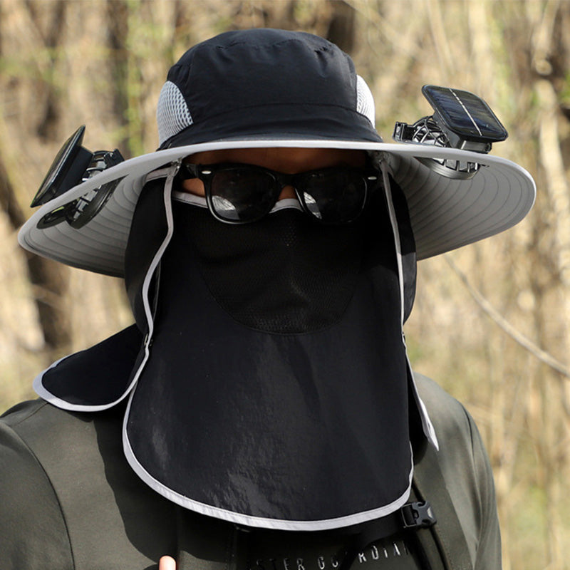 Wide-Brim Sun Hat with Solar-Powered Rechargeable Fan & Detachable Face Shield