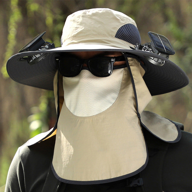 Wide-Brim Sun Hat with Solar-Powered Rechargeable Fan & Detachable Face Shield